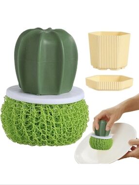 New Cactus Dish Scrubber Set with Drip Tray  & 3 Replacement Brushes